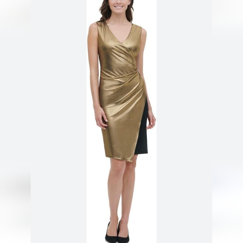 Tommy Hilfiger Women's Sparkly Wrap Dress‎ Gold/Black Size 8